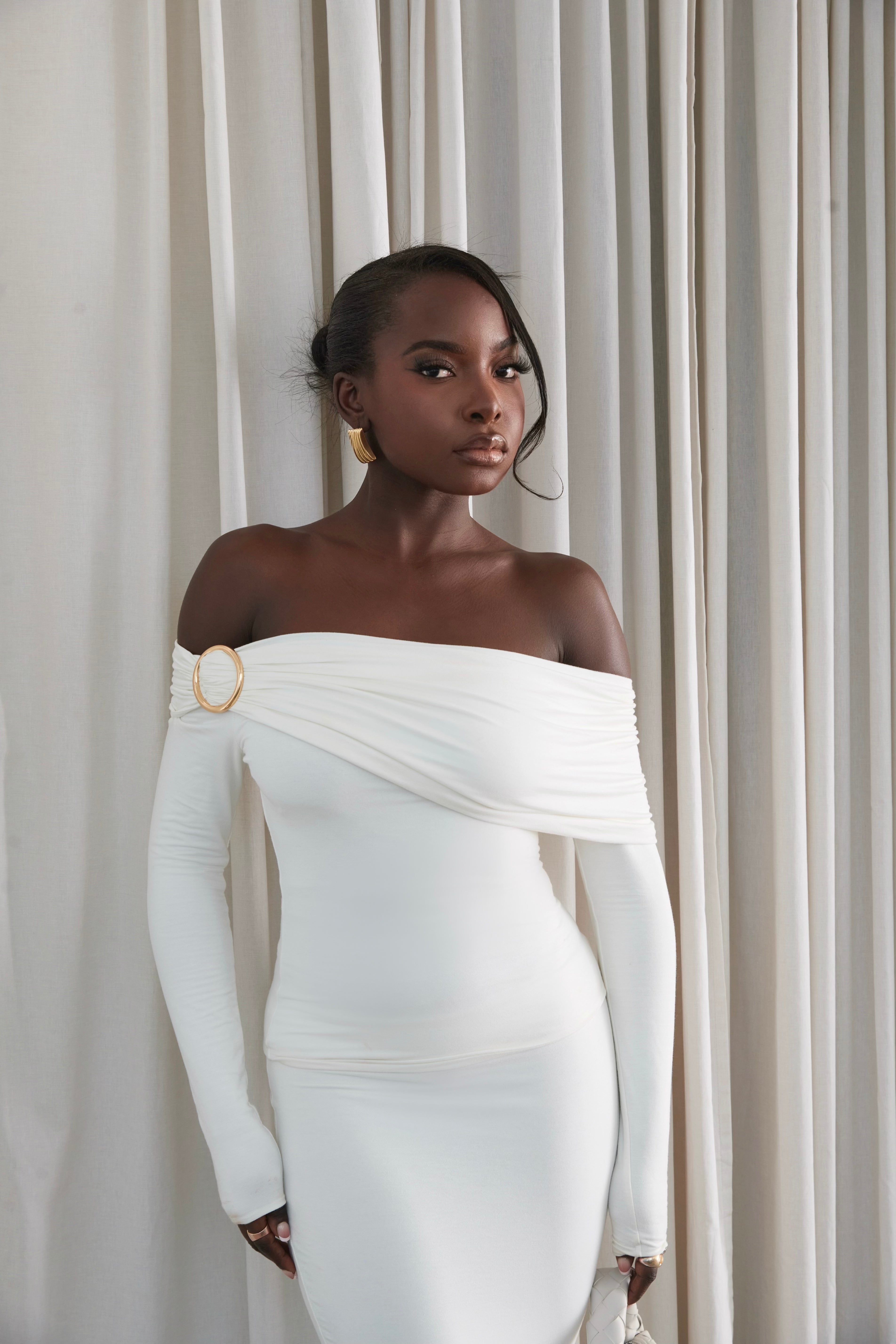 Solae Gold Buckle Bardot Top - Soft White